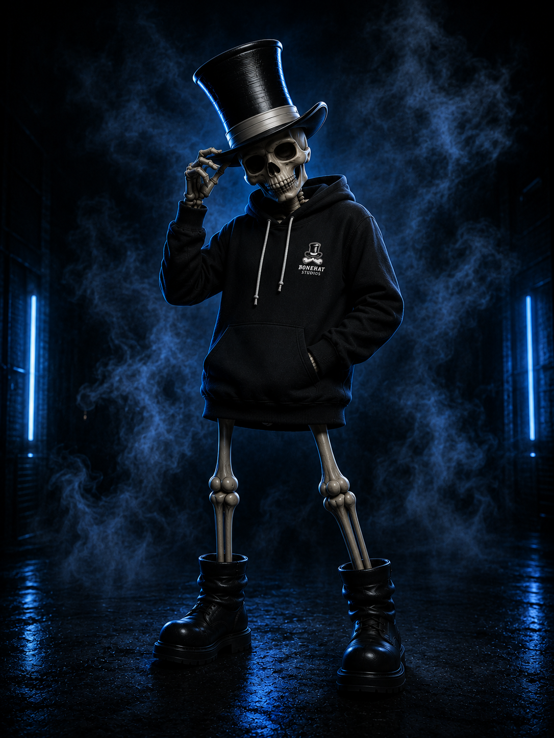 A skeleton in a Bonehat hoodie tips its top hat, surrounded by blue light and smoke.